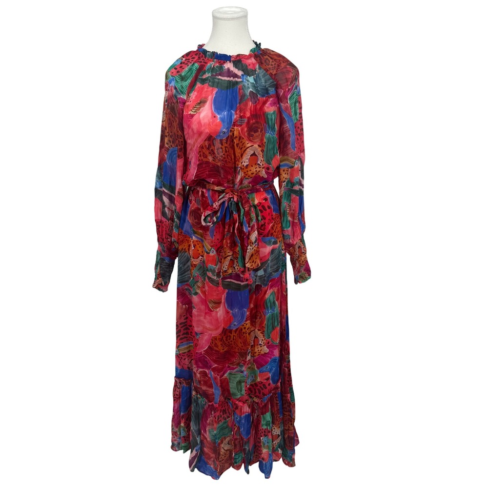 Farm Rio Mixed Print Maxi Dress Animal Collage Tie Waist Ruffle Long Sleeve XS‎ - Picture 3 of 14